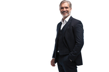 Handsome smiling middle-aged man in suit posing against transparent background with copy space