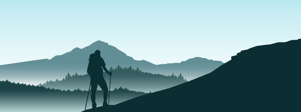 Fototapete - Silhouette of hikers mountains forest woods in the morning, landscape panorama illustration icon vector for logo, hike hiking adventure travel background