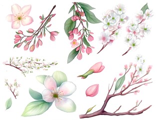 Wall Mural - Set of watercolor cherry blossoms elements, generative ai illustration, generative ai