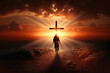 Jesus Christ walking toward holy cross with beams of light emitting from the heavens. Easter Sunset concept, generative ai