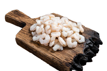 Wall Mural - Raw fresh Peeled Shrimps, Prawns set on wooden board.   Isolated, transparent background