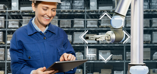 Poster - Warehouse manager with digital tablet controls robot arm	