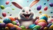Easter bunny with many colorful easter eggs. Generative AI