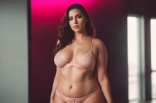 Beautiful plus size brunette woman in pink lingerie in photo studio. Generative AI.