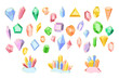 © Natalia - Crystal medallion set, gem stones collection, diamonds and colorful brilliants. Quartz minerals or gemstone jewellery isolated elements, bright colorful gold lines. Vector garish graphic