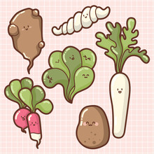 "Set Of Happy And Funny Vegetables"  Outlines,  - Nice Design For Logo, Stickers, Cards, Recipes,  Kawaii And Cute Veggies Collection, With A Cute Background - Potato, Radish, Lamb's Salad, Parsnip