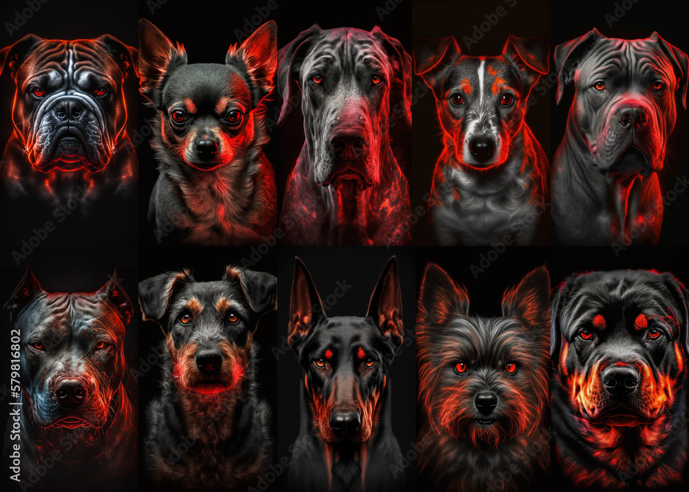 Set of portraits with various dog breeds on black background. Modern ...