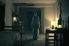 Scary Ghost In Haunted Hotel Room. Generative Ai.