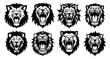 Set of lion heads with open mouth and bared fangs, with different angry expressions of the muzzle. Symbols for tattoo, emblem or logo, isolated on a white background.