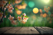© erika8213 - Magic background of spring blossoms on wooden table in green garden with bokeh lights. Generative ai.