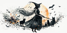 Generative AI Illustration Of Halloween Witch With Cat Against Full Moon