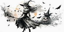 Generative AI Illustration Of Halloween Young Witch Flying On Broom Against Moon