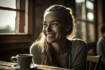 Attractive happy smiling young woman sitting in pastry shop, holding cup with coffee and enjoying free time at weekend.