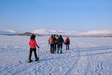 Fototapeta  - Silhouettes of tourists on snowshoes on lake Torneträsk (Tornestrask) around Abisko National Park (Abisko nationalpark) in winter scenery. Sweden, Arctic Circle, Swedish Lapland