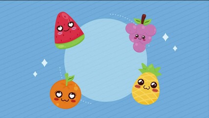 Sticker - fresh fruits around kawaii characters animation