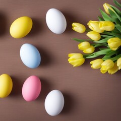 Wall Mural - Easter eggs and flowers, pastel color painted eggs on table, top view. Generative AI