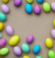 Wall Mural - Easter eggs background, pastel color painted eggs, top view, copy space. Generative AI