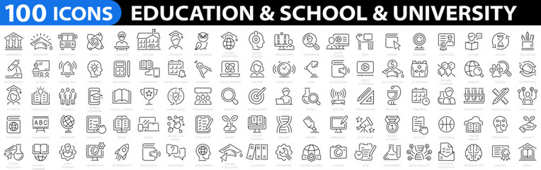 Education 100 icons. School icon set. University icon. Back to school icon set. Classroom, students and teacher. Science icon. Education and knowledge symbol. Vector illustration.