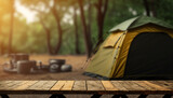 Fototapeta  - Camping background with blurred forest background and tent. Outdoor nature background. AI generative image.