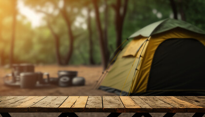 camping background with blurred forest background and tent. outdoor nature background. ai generative