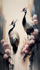  Red crowned cranes with flowers in mist, Chinese ink painting style, AI generative