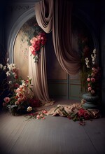 Dark Vintage Wall Decorated With Silk Curtains And Flowers