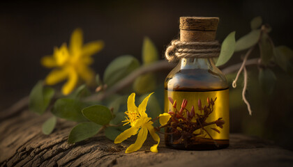 Wall Mural - St. John's wort essential oil in a small bottle. Generative AI