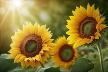 Three Sunflowers In A Field With The Sun In The Background, Generative AI