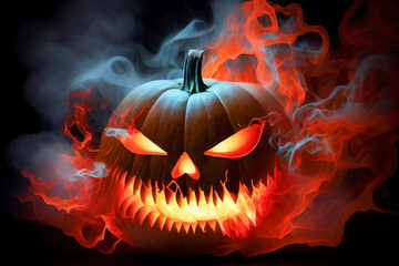 Wall Mural - close-up pumpkin with glowing eyes in the smoke. halloween holiday. Generative AI