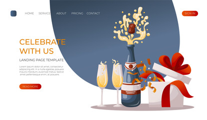 Landing page with festive open gift box with exploded gold confetti, champagne explosion. Cork pops out. Birthday party, celebration, holiday, event, bakery, tasty food concept. Vector for banner, web