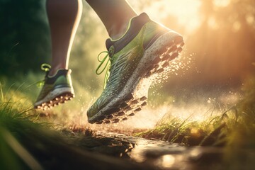 Wall Mural - Runner athlete running on the path in the forest after rain. Close-up view. Generative AI