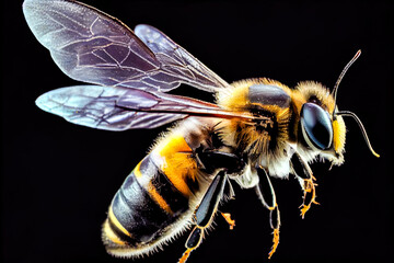 macro flying bee on a black background. Generative AI, Generative, AI