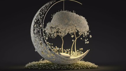 Wall Mural - A crescent moon decoration with the tree on the side on a dark background AI generated