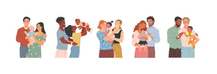 Parenthood and adoption. Vector cartoon illustration in flat style of set of young adult diverse straight and gay couples holding a baby in their arms. Isolated on white
