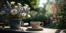 A Cup Of Coffee On A Table In A Beautiful Lush Spring Garden, Generative Ai