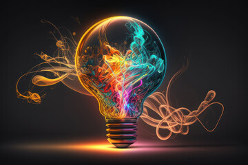Light bulb on a black background, neon rays. AI generative.