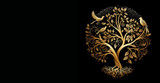 Fototapeta Kosmos - Golden Tree of Life over Black Background Banner Illustration , Sacred Tree Circular Shape, Generative AI