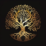 Fototapeta Kosmos - Golden Tree of Life over Black Background Banner Illustration , Sacred Tree Circular Shape, Generative AI