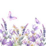 Fototapeta Motyle - Watercolor composition, border with Herbs and wild flowers, leaves, butterflies. Botanical Illustration on white background. Template with place for text.