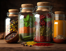Colorful Spices And Herbs In Glass Jars On Rustic Wooden Surface, Kitchen Cooking Ingredients, Food Photography, Generative AI