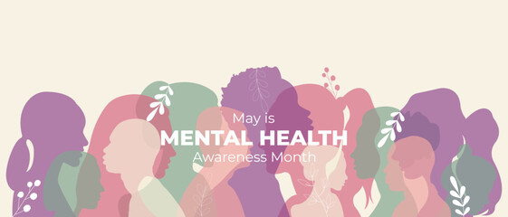 Mental health banner.Flat vector illustration with silhouettes of men and women and space for text.