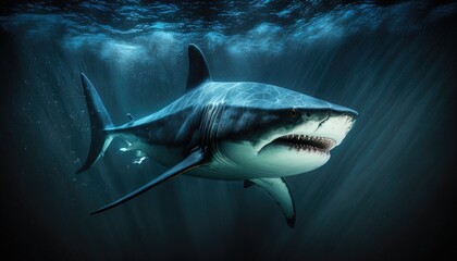 Wall Mural - Ferocious shark, swimming through the deep blue sea. Isolated on a black background. Bold, dramatic lighting adds depth and texture to the image. Cool tones create a sense of danger generative ai. 