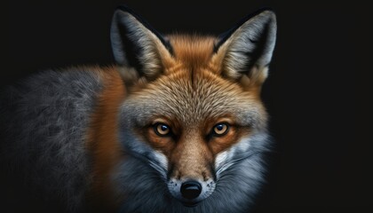 Wall Mural - sly fox, with piercing eyes and a sly grin. isolated on a black background. moody, low lighting crea