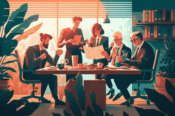 Financial business meeting illustration in office, vector style