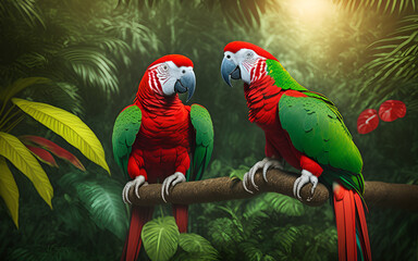 Wall Mural - Two red and green  parrots on a tree in the jungle.Generative Al Illustration.