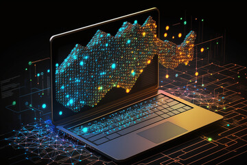 Big data technology background. Laptop against the background of visualization of a computer internet network, social connection, analytics, information.
