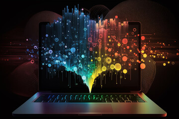 Big data technology background. Laptop against the background of visualization of a computer internet network, social connection, analytics, information.