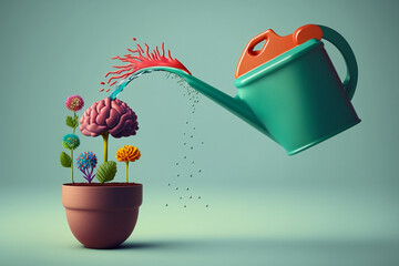Watering a human brain, concept of creative thinking,brainstorming and mental health illustration. 