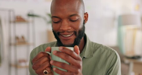 Poster - Aroma, smell and businessman on coffee break in the office to relax with cup of coffee in hands. Satisfaction, aromatic and black man working in creative workspace smelling hot beverage on break