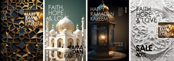 happy ramadan kareem. 3d mockup of mosque, lantern, geometric arabic pattern for background, sale po